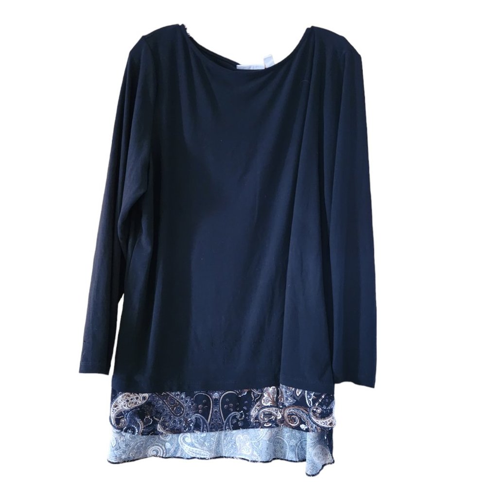 WOMEN'S SUSAN GRAVER BLACK WITH PAISLEY TRIM HEM LONG SLEEVE HI LO TUNIC TOP XL